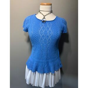 Guinevere Anthropologie Knit Top Blue Short Sleeve Peplum Ruffle Hem Medium‎